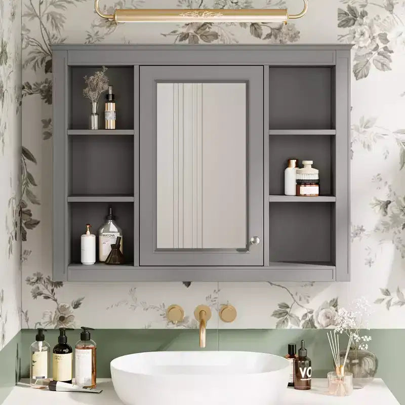 Armadietto a specchio da bagno 35 x 27.5 con 6 ripiani aperti, mobiletto pensile (senza mobiletto sottolavabo)