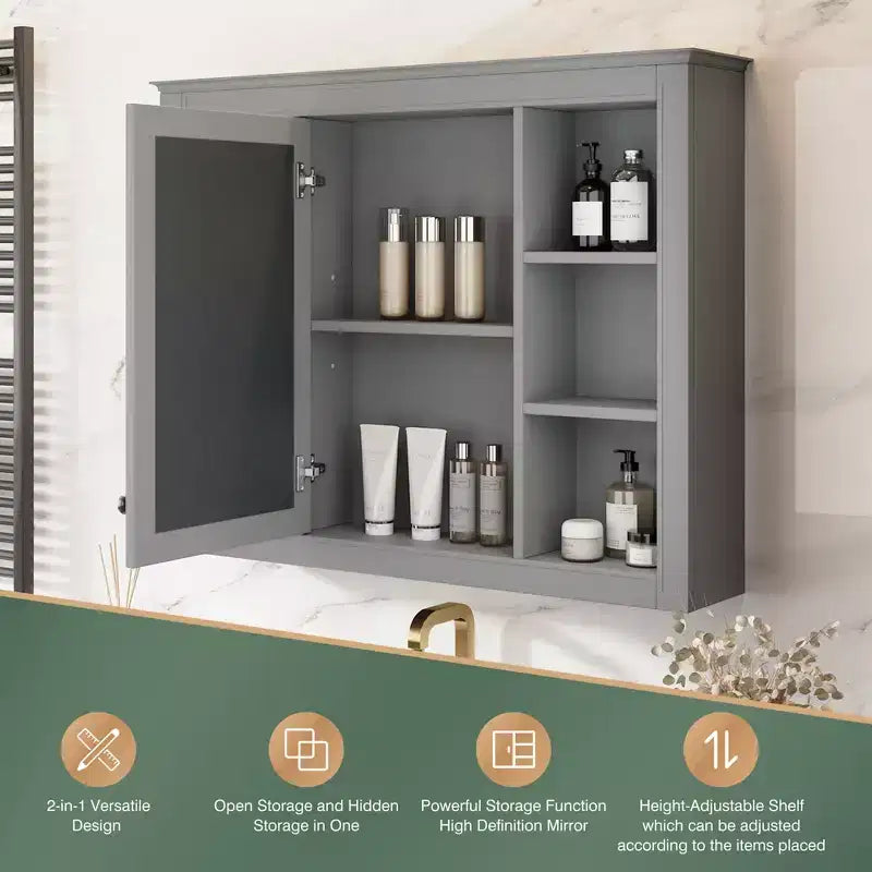 Armadietto a specchio da bagno 35 x 27.5 con 6 ripiani aperti, mobiletto pensile (senza mobiletto sottolavabo)