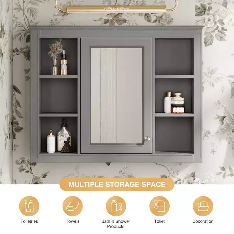 Armadietto a specchio da bagno 35 x 27.5 con 6 ripiani aperti, mobiletto pensile (senza mobiletto sottolavabo)
