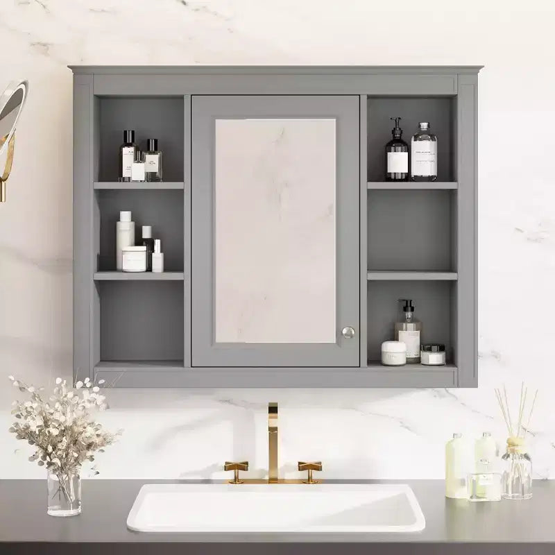 Armadietto a specchio da bagno 35 x 27.5 con 6 ripiani aperti, mobiletto pensile (senza mobiletto sottolavabo)