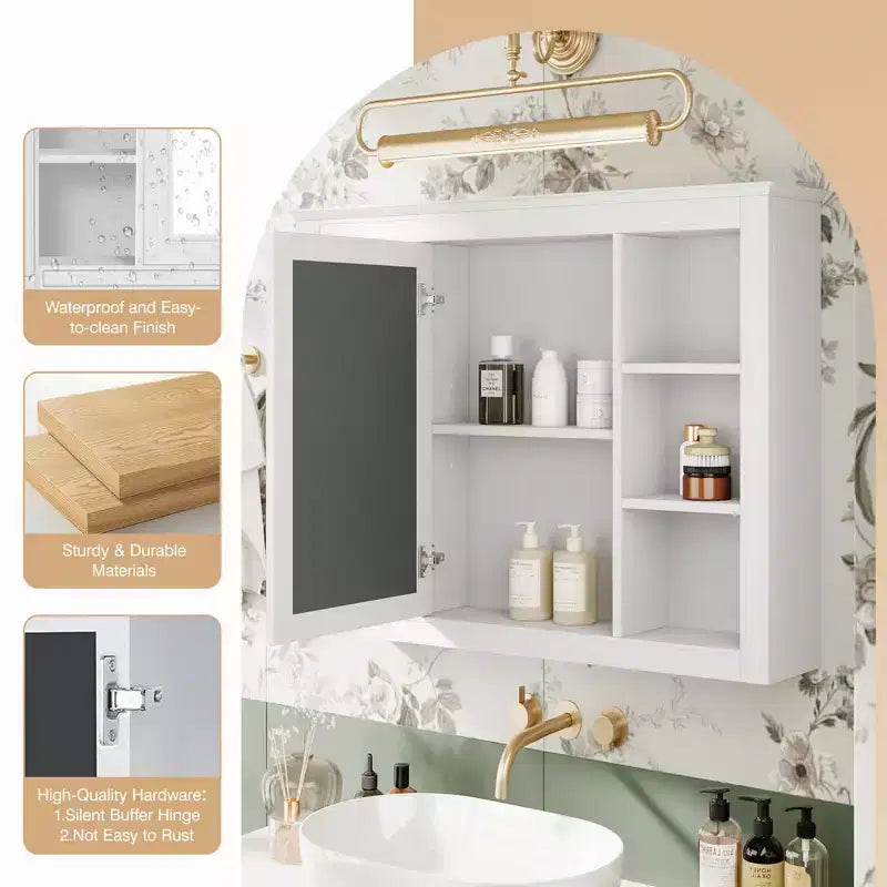 Armadietto a specchio da bagno 35 x 27.5 con 6 ripiani aperti, mobiletto pensile (senza mobiletto sottolavabo)