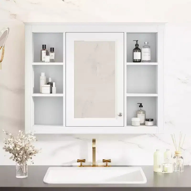 Armadietto a specchio da bagno 35 x 27.5 con 6 ripiani aperti, mobiletto pensile (senza mobiletto sottolavabo)