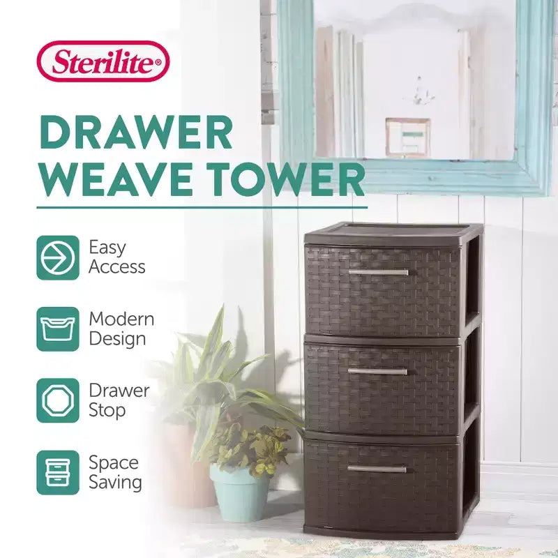 Torre portaoggetti a 3 cassetti, cassetti decorativi in plastica intrecciata per organizzazione in dormitorio, armadio, camera da letto o stanza del fai da te, confezione da 2, Espresso