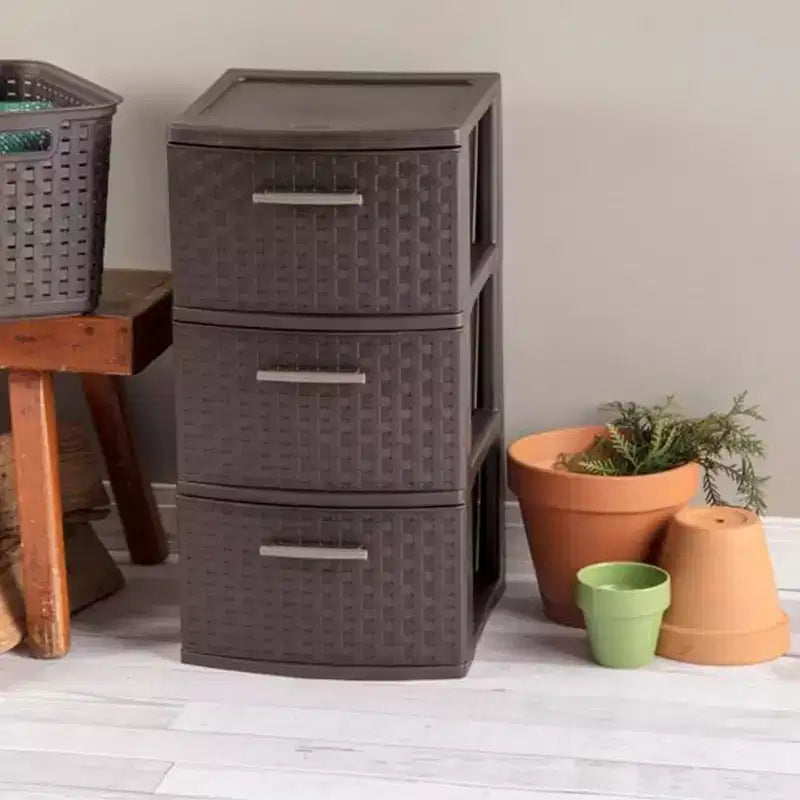 Torre portaoggetti a 3 cassetti, cassetti decorativi in plastica intrecciata per organizzazione in dormitorio, armadio, camera da letto o stanza del fai da te, confezione da 2, Espresso