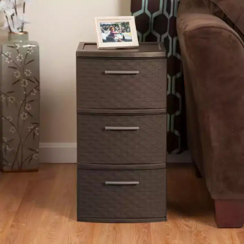 Torre portaoggetti a 3 cassetti, cassetti decorativi in plastica intrecciata per organizzazione in dormitorio, armadio, camera da letto o stanza del fai da te, confezione da 2, Espresso