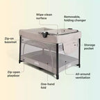 Box da viaggio Sesame LX con chiusura ad una mano, completo di navicella e fasciatoio pieghevole
